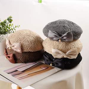 Tricoté à la main perle papillon noeud béret chapeau femmes mode coréenne respirant petit visage peintre casquette automne évider conception - Product Image 4