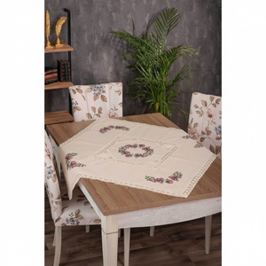 Buldan Custom Muses Made Purple Cross Stitched Cotton <b>Tablecloth</b> Elegant Beige Embroidered Floral Dining Table Cover for Hotels - Product Image 3