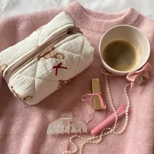 러블리 베어 소프트 코튼 화장품 가방 휴대용 여행 세면도구 키트 주최자 학생과 소녀를위한 귀여운 메이크업 파우치 여성