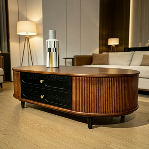 Retro Oval Fluted Wood Coffee Table with 2 <b>Drawers</b>, Mid-Century Storage Table for Living Room - Product Image 1