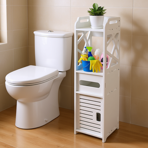 Estante de almacenamiento independiente para baño de 4 niveles con 2 puertas talladas, organizador de plástico para baño - Product Image 2