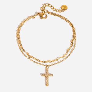 Bracelet croix double couche en acier inoxydable avec incrustation de zircon blanc, design géométrique, bijou cadeau - Product Image 1