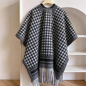 Nouveau châle en cachemire chaud d'hiver 2024, cardigan à motif <span class=keywords><strong>pied</strong></span>-<span class=keywords><strong>de</strong></span>-<span class=keywords><strong>poule</strong></span>, capes surdimensionnées, ponchos, manteaux à franges en laine double face pour femmes - Product Image 3