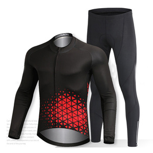 Wholesale Plus Size Men's Cycling Jersey Set Long Sleeve Black Red Geometric Pattern Breathable Quick Dry Seamless Fit - Product Image 1