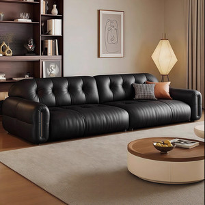 Modern minimalist black leather <b>sofa</b>, straight row design, mid-century Brownie style, suitable for large and <b>small</b> living rooms - Product Image 2