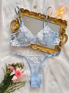 <span class=keywords><strong>Lingerie</strong></span> sexy pour femmes, ensemble de soutien-gorge et culotte sexy et coquin sans manches à col en V, ensemble en dentelle florale exotique - Product Image 6