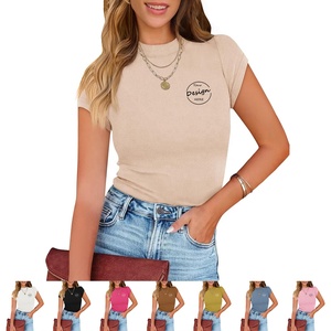 Camisetas de alta calidad, cuello redondo, mangas casquillo, Color sólido, tejido cómodo, ajustado, camisetas gráficas para mujer, camiseta, ropa de mujer - Product Image 5