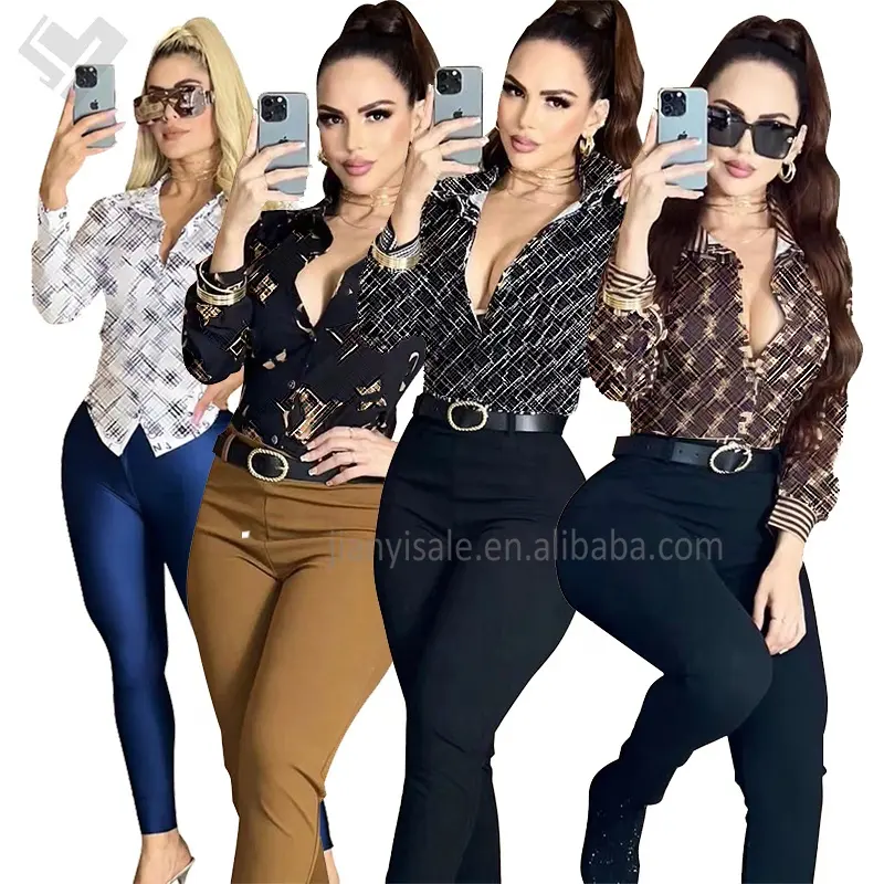 2023 Fall Luxury Women Clothing Designer Print Long Sleeve Turndown Collar Shirt Blouse Ladies Elegant Button Down Blouse Top
