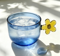 Mug en verre borosilicate résistant à la chaleur WUSO, tasse à café bleu foncé, poignée fleur 3D jaune, vaisselle à thé pour la maison et le café