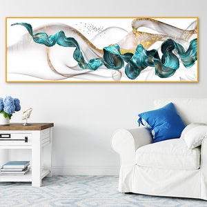 Arte de Pared de Porcelana con Cristales y Cinta Abstracta en Tonos Verde Azulado y Dorado - Pintura Panorámica de 90x30cm para Decoración de Dormitorio - Product Image 3