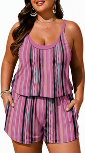 Combinaison rayée sans manches en deux pièces pour femme – Combinaison décontractée en jersey grande taille pour les vacances - Product Image 2