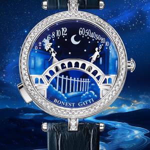 Montre pour femme Bugatti Enchanted Night Scene avec accent en diamant, verre saphir, bracelet en acier inoxydable et cuir, mouvement à quartz - Product Image 3