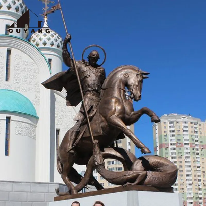 QUYANG personnalisé Style occidental grand célèbre métal guerrier Bronze laiton Saint-Georges Dragon tuer Sculpture