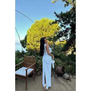 Basic <b>White</b> <b>2</b>-<b>Piece</b> <b>Set</b> Summer Sports Wear Top Bottom Midi-Length Knit Cotton Fabrics Skinny Fit Print Pattern Silk Spandex - Product Image 1