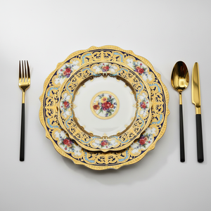 3-delig koninklijk gouden decoratie servies in blauwe kleur met dinerbord, saladebord en soepkom voor hotel en thuisgebruik - Product Image 3