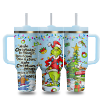 Carafe isotherme à double paroi de 40 oz avec logo personnalisé, motif dessin animé monstre vert et fleurs, avec poignée, couvercle et paille, faible MOQ