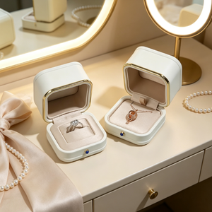 Caja de Joyería de Lujo en Cuero PU Blanco con Detalles en Dorado, Caja Plegable para Guardar Anillos y Collares, Empaque para Regalo de Compromiso - Product Image 4