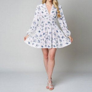 Mini robe à imprimé floral pour femmes Taille haute A-Line Summer Autumn Long Sleeve V Neck Dresses Vintage Beach Vacation Casual Vestidos - Product Image 6