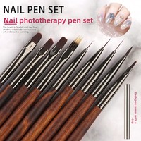 Pena Nail Art dengan Gagang Kayu Cendana Gaya Jepang, Ujung Bulat dan Ujung Pipih, Pena Lukis, Liner, dan Kuas Gel Nail untuk Gradien