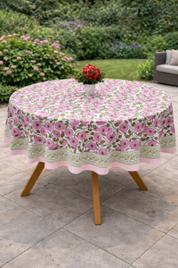 Nappe ronde en coton imprimée à la main avec motifs floraux roses – Housse élégante pour table de jardin et de salle à manger - Product Image 4