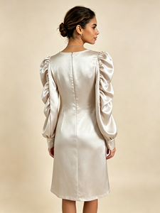 Robe courte en satin pour femmes, manches longues bouffantes, col rond, moulante, longueur genou, élégante, pour soirée, bureau, tenue formelle - Product Image 3