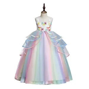 Multicolor Elegant Long Unicorn Color Gauze Children's Girls Party Dress