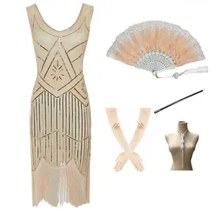 Ecowalson Vrouwen Grote Gatsby Jurk Gouden Vintage Flapper Party Zomer Art Deco Versierde Cocktailjurk Met Lovertjes