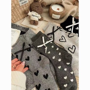 Women's Mid-Calf Heart Pattern Socks With Bow Knit Thick Warm Plush <b>Lounge</b> Socks For Autumn Winter Gray Black Color - Product Image 1