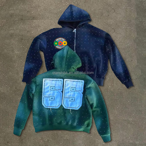 Sudadera con cremallera de peso pesado personalizada, ropa de calle de gran tamaño, sudadera recortada con lavado ácido, sudadera gruesa bordada con diamantes de imitación y cremallera para hombre - Product Image 4