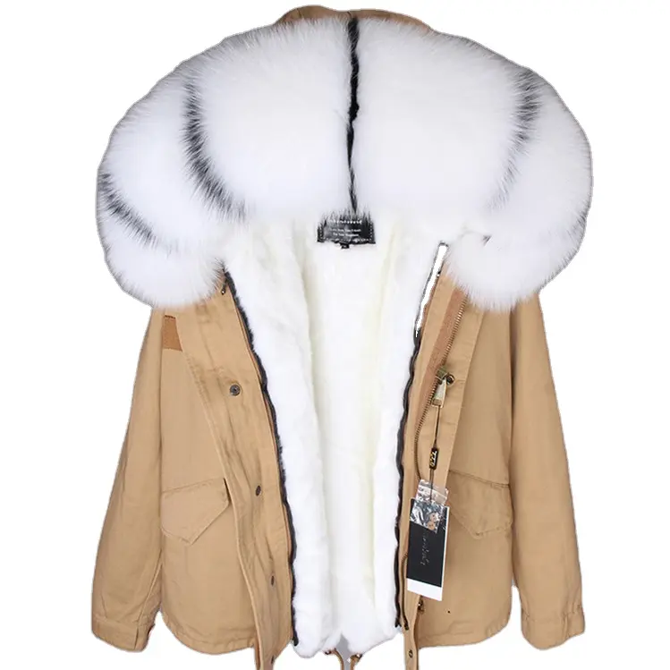 2022 kış kadın beyaz siyah şerit kısa kürk Parka Faux kürk astar Hood içinde gerçek tilki kürk özelleştirilmiş ceket