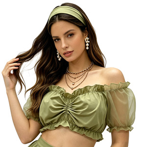 Haut court à épaules dénudées pour femme, manches bouffantes en maille, vert, style Prairie Chic, haut en tricot doux à manches courtes - Product Image 4