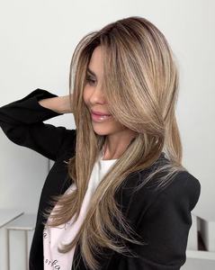 Extensiones de Cabello Humano Virgen Color <span class=keywords><strong>Castaño</strong></span> <span class=keywords><strong>con</strong></span> Reflejos Rubios, Base Mono, para Uso Diario, Pre-Desplumadas - Product Image 1