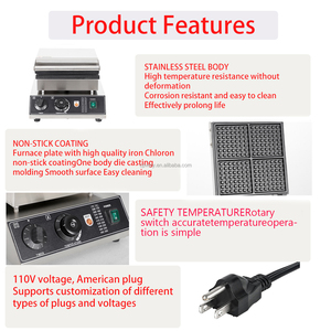 Gaufrier industriel antiadhésif 1750W pour 4 gaufres, machine à snacks avec plaques de cuisson en téflon, corps en acier inoxydable, 110V, Nouveau - Product Image 2