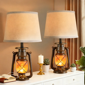 Retro Lantern Led Flame Effect Table Lamp Metal Base <b>With</b> Shade For Home Decor Christmas <b>Lighting</b> - Product Image 1
