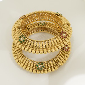 Traditional Gold Look <b>Copper</b> Antique Style South Indian Temple Kada <b>Bangles</b> Set with Natural Stone Bead Work Wedding Women Girls - Product Image 1