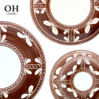 Assiette de table en porcelaine fine marron, motif floral, vaisselle en céramique, logo personnalisé, pour événements, location, décoration, assiettes et plats, assiette de présentation