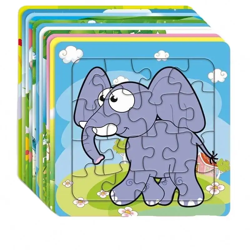 Jigsaw puzzle mainan anak, edukasi dini 16 buah/set mainan puzzle kartun, permainan anak lucu mudah