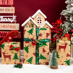 Kraft Christmas <b>Wrapping</b> <b>Paper</b> Roll 17 In X 33 Ft Plaid Deer Pattern Recyclable Brown Thick Packaging <b>Paper</b> - Product Image 4