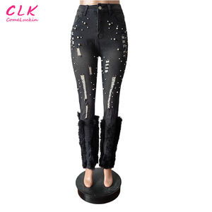 Groothandel Broek Hoge Taille Dames Jeans Casual Uitlopende Gescheurde Denim Straat Faux Wol Gescheurde Stretch Jeans Met Kralen Nagels - Product Image 3