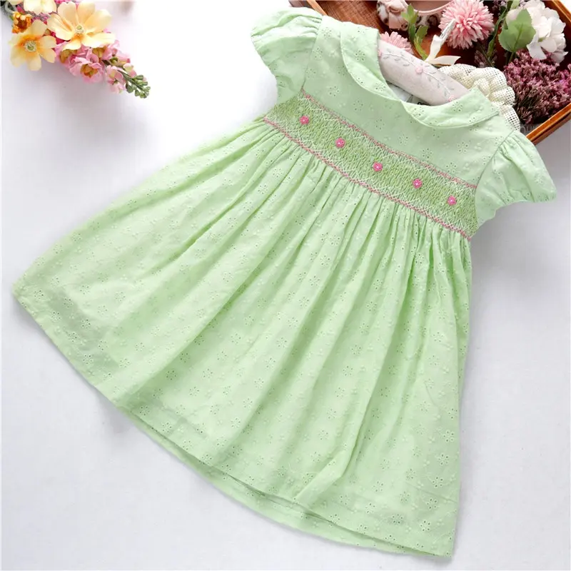 Robes smockées pour filles, broderie de fleurs vertes, vente en gros, vêtements pour enfants, 91014656