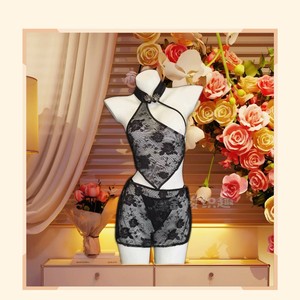Golden Shuttle Lingerie Cheongsam Style Halter Neck Lace <b>Bra</b> <b>Brief</b> <b>Set</b> Black 8107 Women Sexy Hipster Mid-Rise - Product Image 1