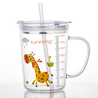 Gobelet à lait pour enfants en verre épais avec paille graduée, gobelet à boisson pour la maison, gobelet à lait de dessin animé avec couvercle