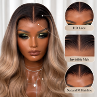 Charmante Perruque Ombrée Blond Cendré Ondulée en Cheveux Humains Vietnamiens pour Femmes, Perruques Sans Colle 2T en Cheveux Humains, Perruques Frontales en Dentelle HD 13*6
