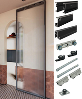 Système de portes coulissantes modernes en bois avec cadre en aluminium, sans rail, à verre simple, pour salon, avec miroir et amortisseur hydraulique