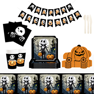 DAMAI Customized Halloween Theme Party Supplies with Skull and Pumpkin Disposable Party Paper Plates Napkins Party Tableware Set - Product Image 1