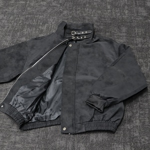 Custom <b>Men's</b> Black <b>Suede</b> Bomber <b>Jacket</b> Stand Collar Zipper Design Satin Lining Casual <b>Jacket</b> for Autumn Wear - Product Image 1