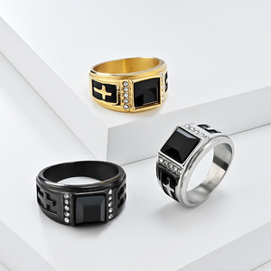 Cross <b>Titanium</b> Steel <b>Ring</b> With <b>Black</b> Gem And Diamond Pave Setting For Men Hip Hop Punk Jewelry - Product Image 2