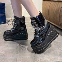 Bottines compensées à plateforme pour femme en cuir verni avec chaînes, style punk, à talon épais, pour soirée