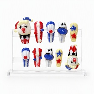 Faux ongles en verre faits main, motif clown, ensemble patriotique coloré, étoiles scintillantes, rouge, blanc, bleu, décoration de fête - Product Image 2