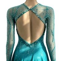 Robe de patinage artistique vert sarcelle, col en V, manches longues en maille, dos ouvert croisé, jupe entièrement ornée de strass pour adultes et enfants